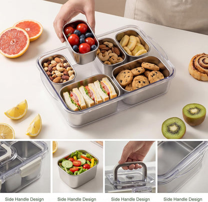 6-Compartment 304 Stainless Steel Snackle Box with Lid & Handle, Divided Serving Tray for Fruit, Veggie, Candy, Nuts – Portable Snack Container for Travel, Picnic, Beach, Party