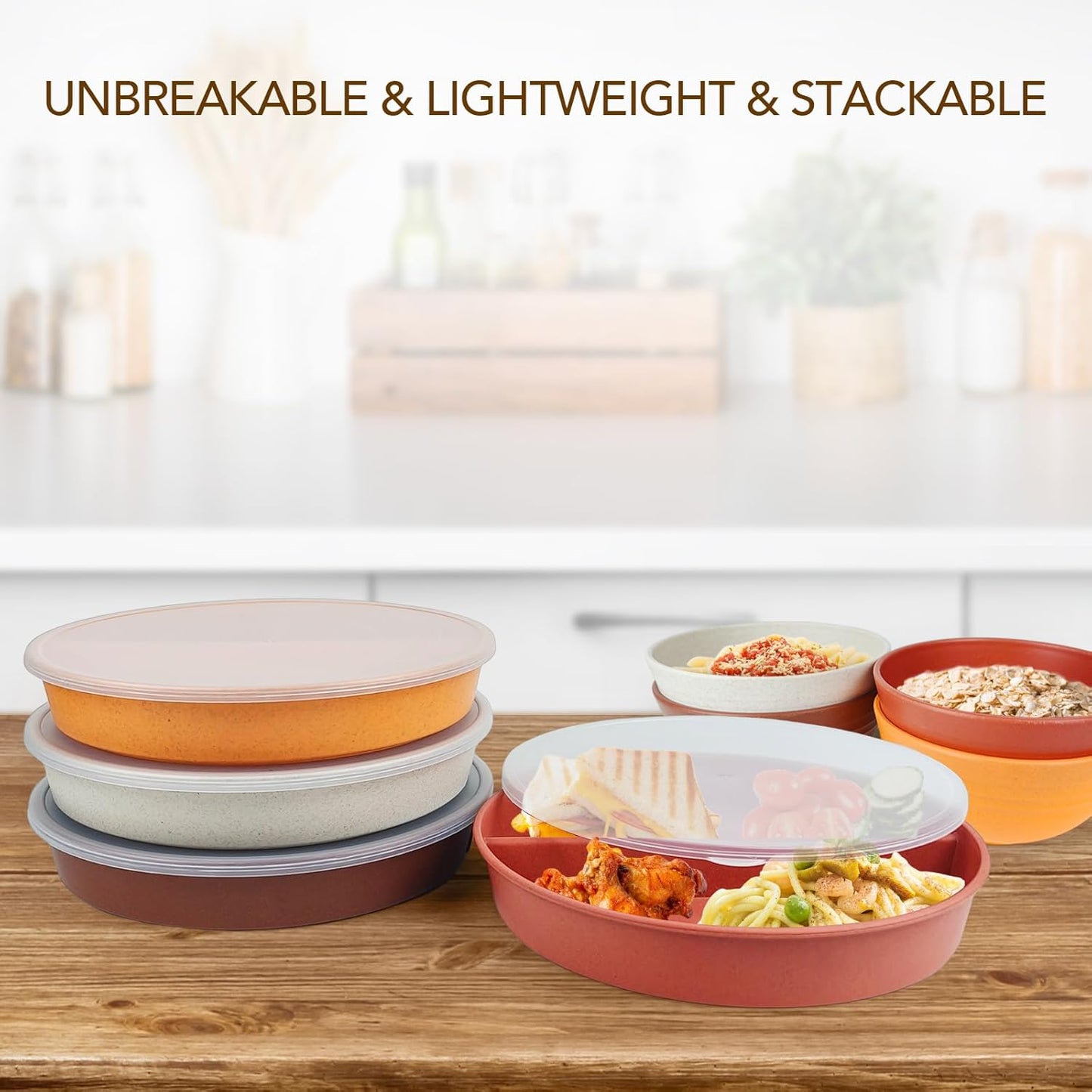 greenandlife 9 Inch 4PCS Portion Control Plates with Lids, Divided Plates for Kids Adults, Dishwasher Microwave Safe Compartment Plate, Unbreakable Lightweight Reusable Wheat Straw Plate, Earth Tone