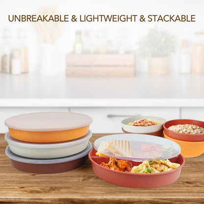 greenandlife 9 Inch 4PCS Portion Control Plates with Lids, Divided Plates for Kids Adults, Dishwasher Microwave Safe Compartment Plate, Unbreakable Lightweight Reusable Wheat Straw Plate, Earth Tone
