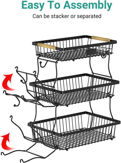 2 Tier Fruit Basket for Kitchen Counter with 2 Banana Hangers, Countertop Metal Bread Basket with Wooden Handle, Large Storage Stand for Vegetables, Snacks, Eggs, Produce Storage – Black