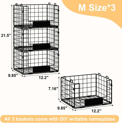 JKsmart 3 Pack XXL Stackable Wire Baskets with Handles for Pantry Storage and Organization, Fruit and Vegetable Basket with Name Plates, Metal Storage Bins for Snack Can Fruit Veggies, XXL