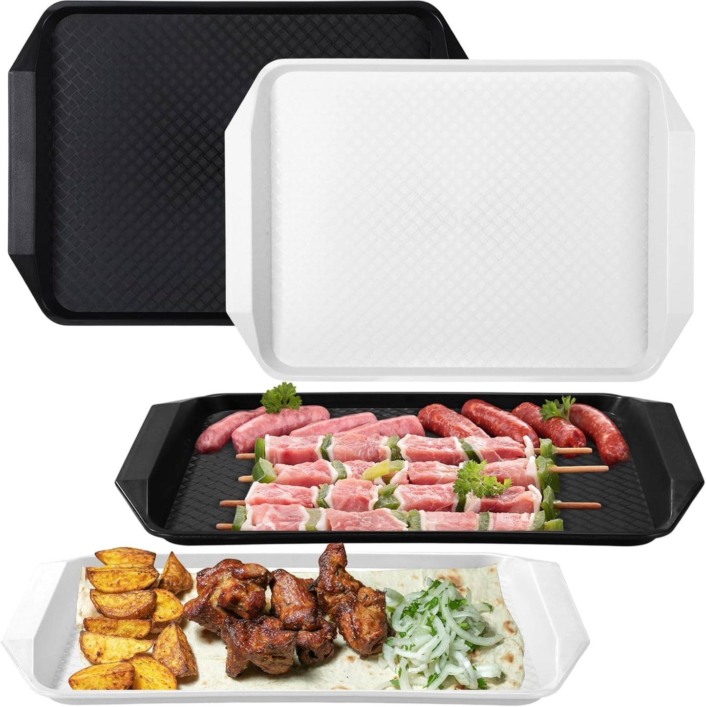 DoubleFill Set of 4 Grilling Prep and Serve Trays, 17x12 Inch 14x10 Inch Large BBQ Platter for Raw and Cooked Food Plastic Grill Tray, Black and Red Stackable Defrosting Grill Prep and Carry System