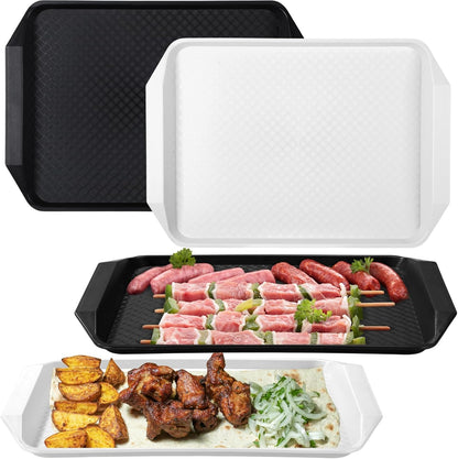 DoubleFill Set of 4 Grilling Prep and Serve Trays, 17x12 Inch 14x10 Inch Large BBQ Platter for Raw and Cooked Food Plastic Grill Tray, Black and Red Stackable Defrosting Grill Prep and Carry System