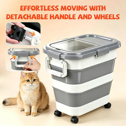 23-25-Liter Foldable Airtight Dog Food Container with Airtight Lid, Wheels, Handle, and Scoop; Large Cat Food Storage Bin; Pet Food Storage Container
