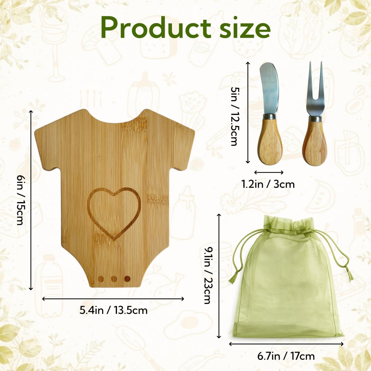 6 Sets Mini Wooden Cheese Board, Baby Shower Favors for Guests, Baby Shower Prizes for Game Winners, Baby Bodysuit-Shaped Bamboo Charcuterie Board Gift Set with Spreader Knife, Fork & Organza Bag