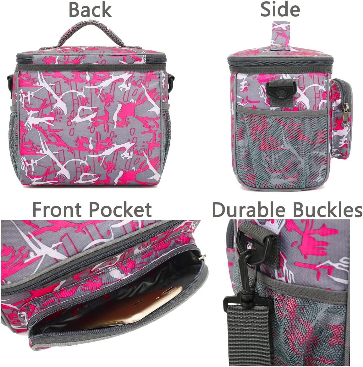 FlowFly Insulated Reusable Lunch Bag Adult Large Lunch Box for Women and Men with Adjustable Shoulder Strap,Front Zipper Pocket and Dual Large Mesh Side Pockets,Cherry - Colors B