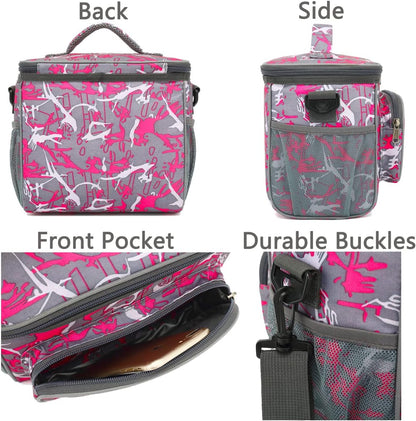 FlowFly Insulated Reusable Lunch Bag Adult Large Lunch Box for Women and Men with Adjustable Shoulder Strap,Front Zipper Pocket and Dual Large Mesh Side Pockets,Cherry - Colors B