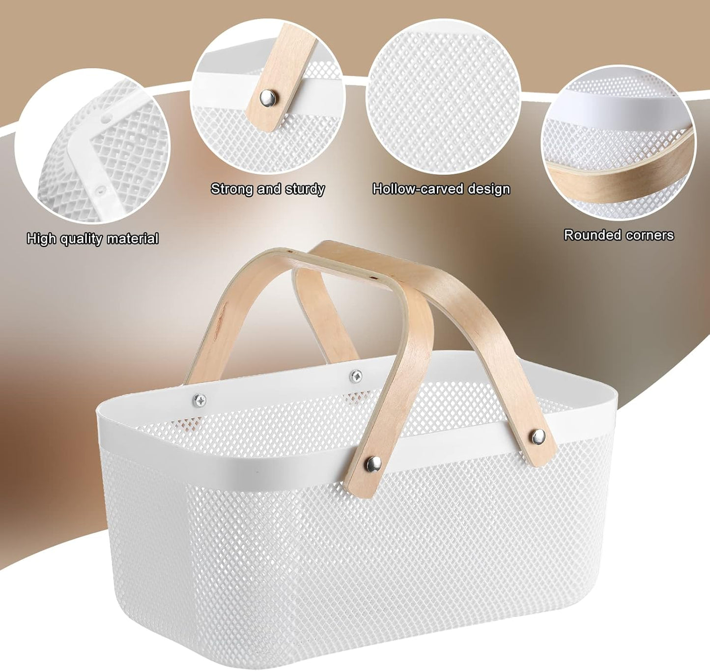 Sadnyy 4 Pcs Plastic Mesh Garden Harvest Basket Storage Basket with Wooden Handle Multi Functional Mesh Bin for Kitchen Cabinet Picnic Fruit Vegetable Gathering Organizer(Large,White)