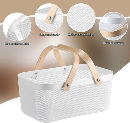 Sadnyy 4 Pcs Plastic Mesh Garden Harvest Basket Storage Basket with Wooden Handle Multi Functional Mesh Bin for Kitchen Cabinet Picnic Fruit Vegetable Gathering Organizer(Large,White)