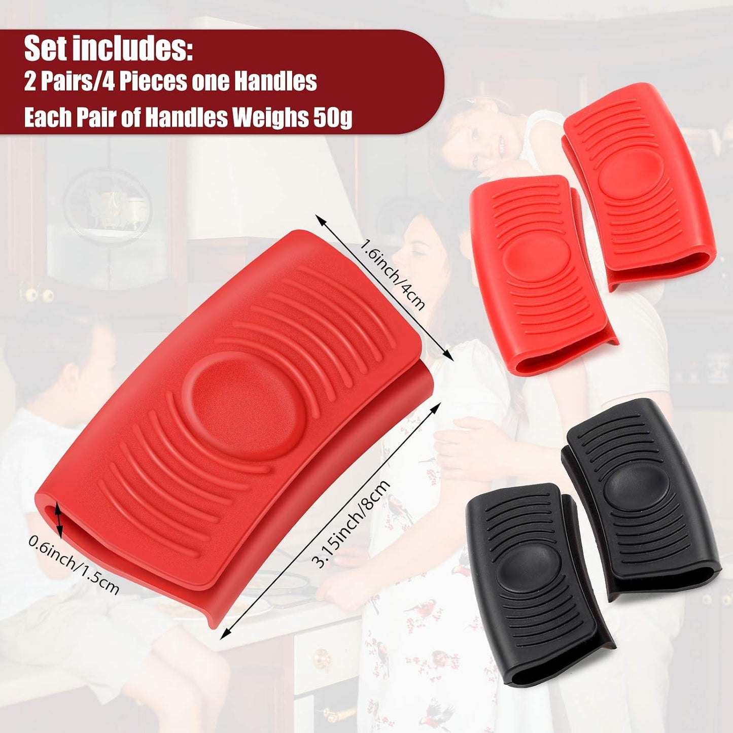 Patelai 4 Pcs Silicone Assist Hot Pan Handle Holder Hot Skillet Handle Covers Nonslip Heat Resistant Pot Grip Sleeves for Cast Iron Skillets Frying Pans Griddles Cookware(Red and Black)