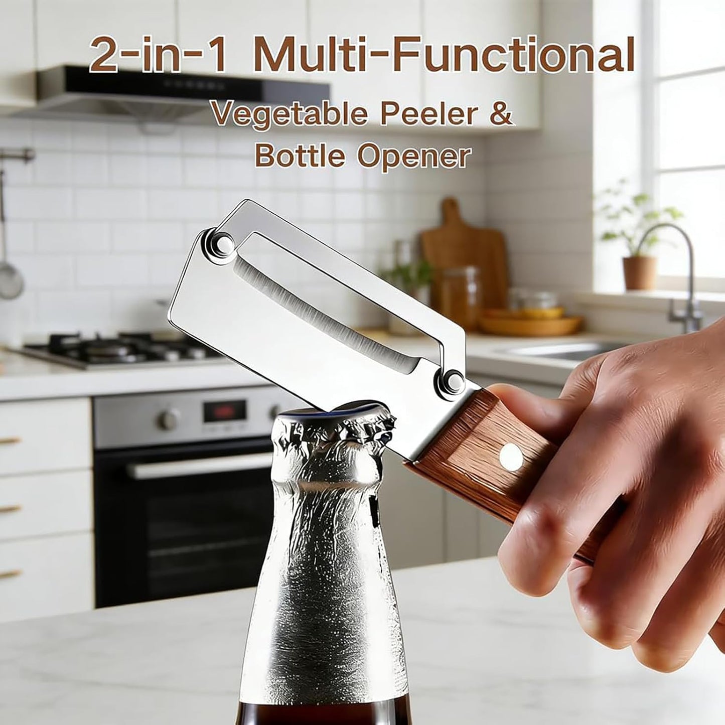 2PCS Multi-Functional Vegetable Peeler, Stainless Steel Ultra Sharp Blade with Wooden Handle, Fruit & Potato Peeler with Built-in Bottle Opener for Kitchen Use