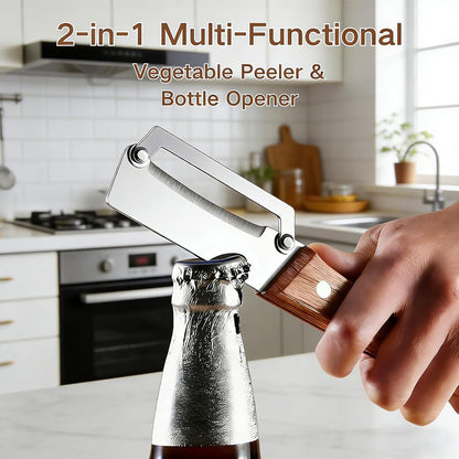 2PCS Multi-Functional Vegetable Peeler, Stainless Steel Ultra Sharp Blade with Wooden Handle, Fruit & Potato Peeler with Built-in Bottle Opener for Kitchen Use