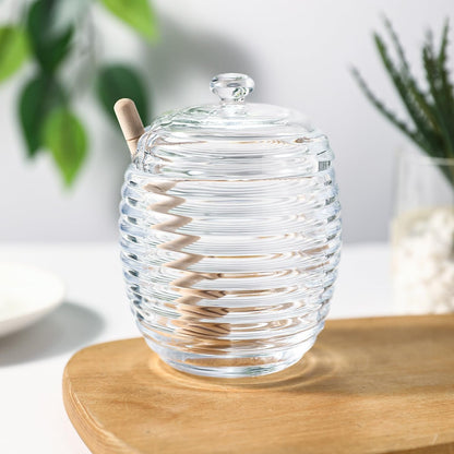 Honey Jars,9 oz Clear Glass Honey Pot Set with Dipper and Lid - Glass Honey Dispenser,Syrup Jar,Containers for Kitchen - Honeypot with Dipper Sticks - Honey Containers (Hexagon)