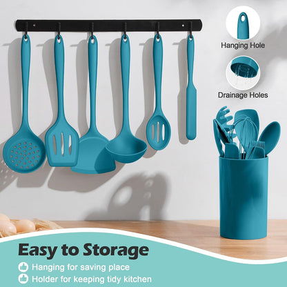 Homikit Silicone Cooking Utensil Set, 15pcs Kitchen Utensils with Holder for Nonstick Cookware, Heat Resistant Nontoxic Silicone Spatula Set Dishwasher Safe Kitchen Tools for Baking-Black