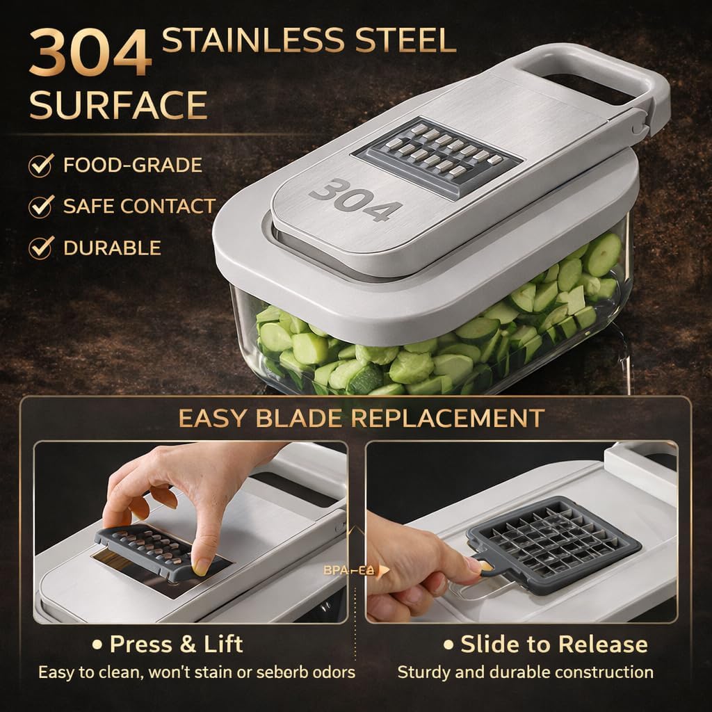 Vegetable Chopper, Stainless Steel Food Dicer and Mandoline Slicer with Drain Holes and Storage Container, Dishwasher Safe Food Chopper for Onion, Potato, Cucumber, Carrot and More