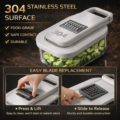 Vegetable Chopper, Stainless Steel Food Dicer and Mandoline Slicer with Drain Holes and Storage Container, Dishwasher Safe Food Chopper for Onion, Potato, Cucumber, Carrot and More