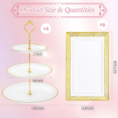 Supernal 10 Pack Dessert Table Display Set -4 Sets 3 Tier Cupcake Stand,6 Pcs Food Serving Trays,Elegant Tableware for Cupcakes and Snacks,Perfect for Tea Party Baby Shower Decorations(White and Gold)