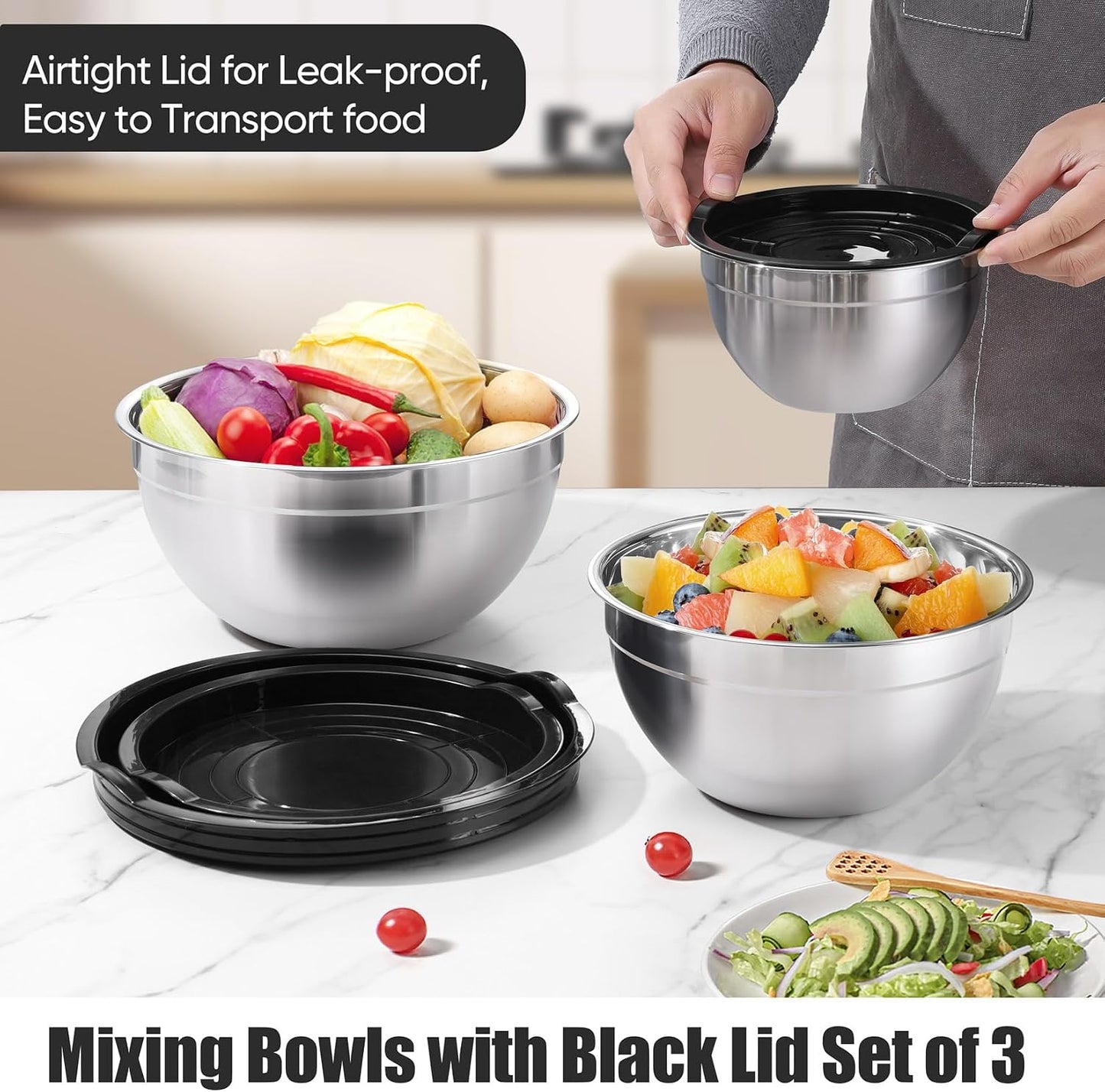 P&P CHEF Black Mixing Bowls with Lids, Set of 3, Stainless Steel Salad Nesting Bowl for Mixing, Storing, Prepping, Airtight & Stackable, Size 4.6/3 /1.5 QT