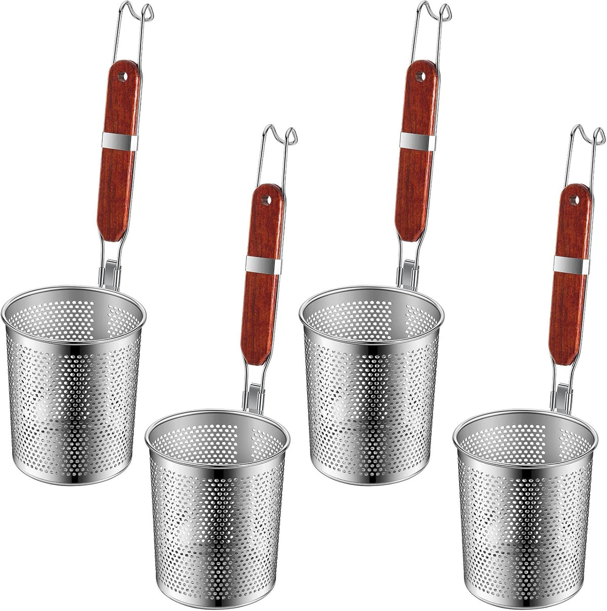 Tessco 4 Pcs Pasta Strainer, 4.7" x 5.2'' Stainless Steel Pasta Basket Mesh Cooker with Wood Handle, Spider Strainer Kitchen Skimmer for Food Dumpling Noodle Blanching(Dark Color)