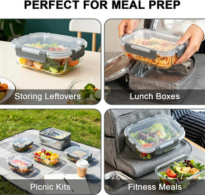 KAMOTA Glass Food Storage Containers, 10 Pack Glass Meal Prep Containers, Airtight Containers with Snap-Lock Lids, 22 oz Grey Container Set with Lids, for Microwave/Oven/Freezer/Dishwasher