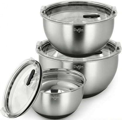 Mixing Bowls with Airtight Lids, Stainless Steel Nesting Bowl Set with Clear Lids & Valve, 3 Essential Sizes (1.5/3/5 QT), Measurement Marks, Non-Slip Silicone Base, Food Prep & Fridge Storage, Black