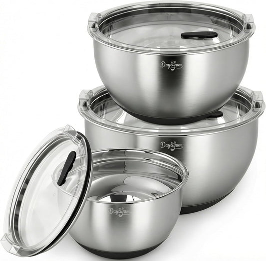 Mixing Bowls with Airtight Lids, Stainless Steel Nesting Bowl Set with Clear Lids & Valve, 3 Essential Sizes (1.5/3/5 QT), Measurement Marks, Non-Slip Silicone Base, Food Prep & Fridge Storage, Black