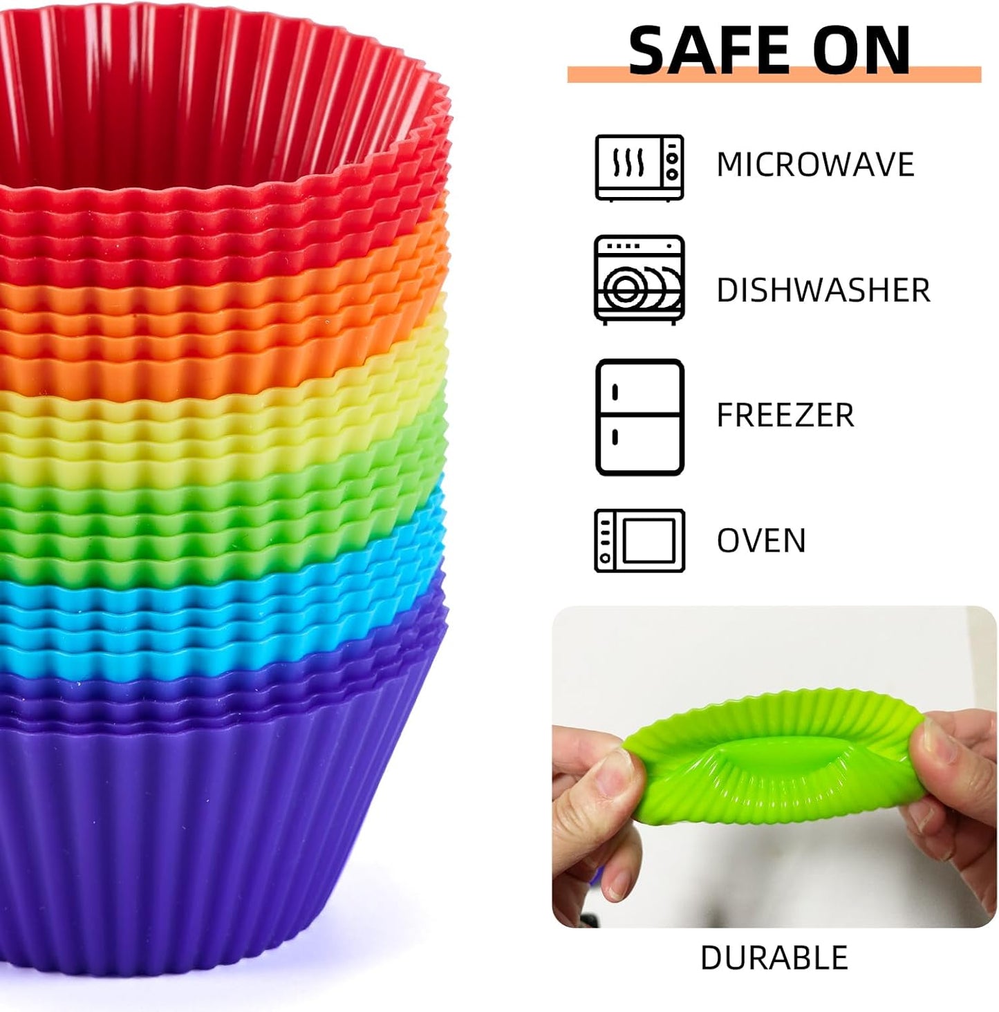 Silicone Cupcake Backing Cups 24 Pack - 2.8 Inches Reusable Muffin Molds for Cakes and Pastries, 6 Rainbow Colors