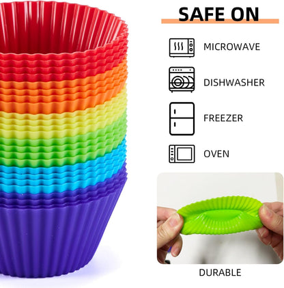 Silicone Cupcake Backing Cups 24 Pack - 2.8 Inches Reusable Muffin Molds for Cakes and Pastries, 6 Rainbow Colors