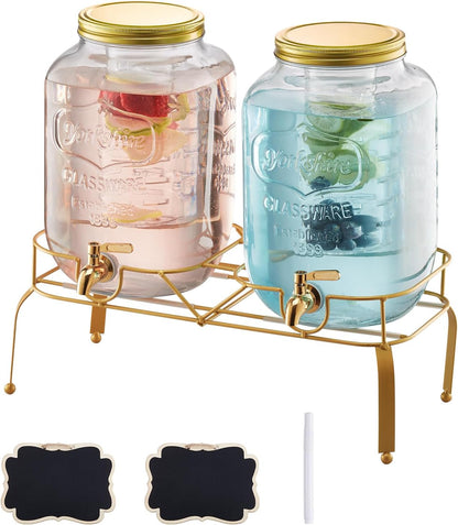 VEVOR Beverage Dispenser, 3 Pack 2 Gallon Drink Dispensers for Parties, Glass Juice Dispenser with Metal Stand, Stainless Steel Spigot, Infuser, Iced Tea Lemonade Juice Water Dispensers for Parties