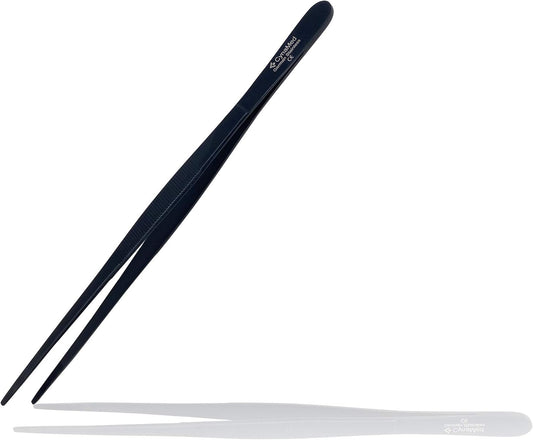 Cynamed 10” Kitchen Premium Tongs Tweezers Stainless Steel, Long with Precision Serrated Tips (Blue, Bayonet)