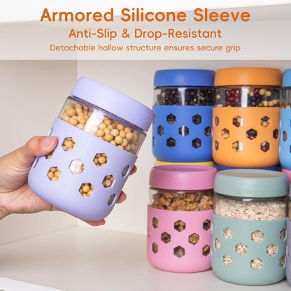 Gemice 6-Pack 10oz Glass Mason Jars with Silicone Sleeves, Airtight BPA-Free Overnight Oats Containers with Lids, Dishwasher Safe Leak-Proof Meal Prep Jars for Chia Pudding, Yogurt, Snacks