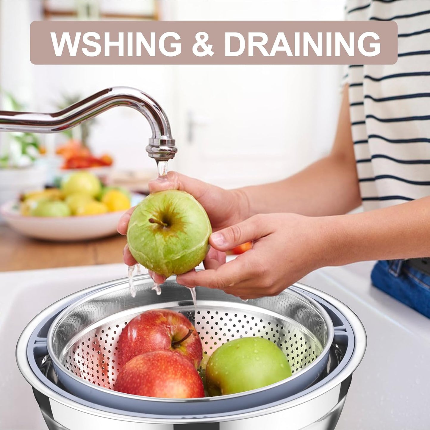 E-far Colander with Mixing Bowl Set, 4-1 Stainless Steel Colander Strainers Bowl with Graters for Kitchen, Rotatable Food Strainer Bowl for Rinsing Fruits Vegetables/Draining Pasta - Black