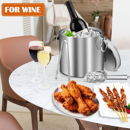 Ice Bucket with Lid & Tong- Well Made Insulated Stainless Steel Keep Ice Frozen Longer - Ideal for Cocktail Bar, Parties, Chilling Wine, Champagne - 3 Liter (Black)