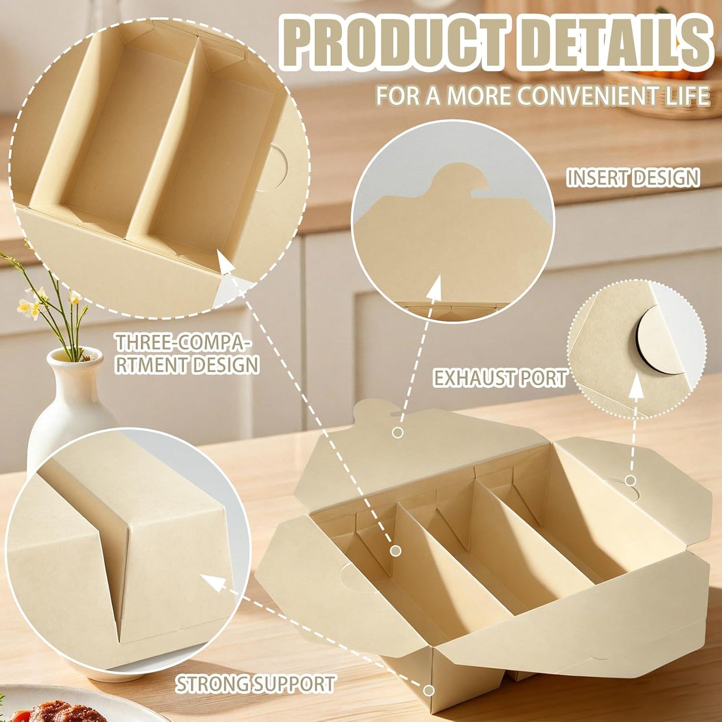 30 Pack 3 Compartment Take Out Food Containers, 7.5x5.4x2.6" Bamboo Pulp Paper Take Out Boxes, Disposable To Go Container Take Out Containers, Greaseproof Paper Bento Box Takeout Lunch Boxes with Lid