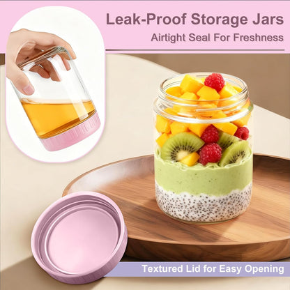 Overnight Oats Containers with Lids, 10oz Wide Mouth Mason Jars with Lids, 9 Pack Glass Jars with Airtight lid for Chia Pudding Yogurt Salad, Meal Prer Oatmeal Jars, Pink