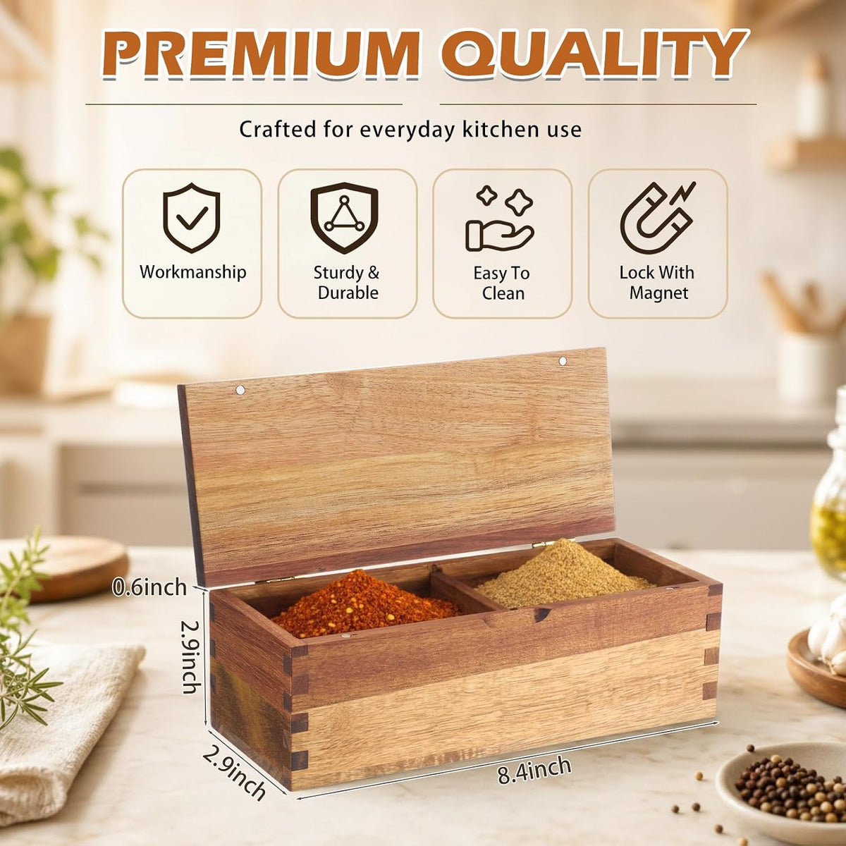 Acacia Wood Salt Cellar Spice Box with Magnetic Lid 29oz Large Capacity Salt Organizer 3 Compartments for Kitchen Countertop, Pepper, Seasonings, Spices, Grilling & Cooking