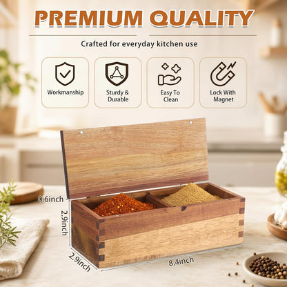 Acacia Wood Salt Cellar Spice Box with Magnetic Lid 29oz Large Capacity Salt Organizer 3 Compartments for Kitchen Countertop, Pepper, Seasonings, Spices, Grilling & Cooking