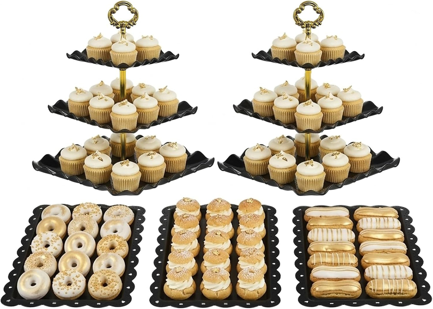 NWK 5 Piece Cake Stand Set with 2 x Large 3-Tier Cupcake Stands, 3 x Appetizer Trays, for Wedding Birthday Baby Shower Tea Party Decorations (Pink)