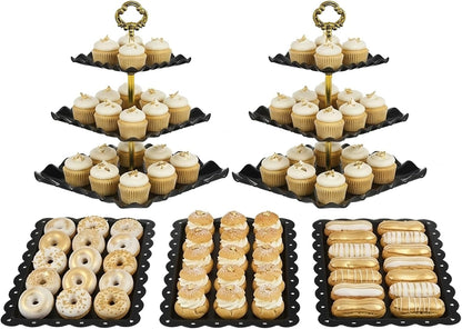 NWK 5 Piece Cake Stand Set with 2 x Large 3-Tier Cupcake Stands, 3 x Appetizer Trays, for Wedding Birthday Baby Shower Tea Party Decorations (Pink)