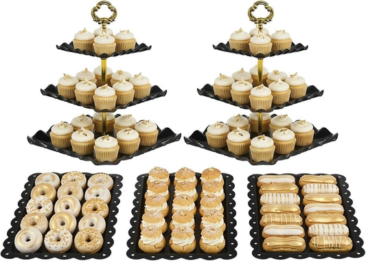 NWK 5 Piece Cake Stand Set with 2 x Large 3-Tier Cupcake Stands, 3 x Appetizer Trays, for Wedding Birthday Baby Shower Tea Party Decorations (Pink)