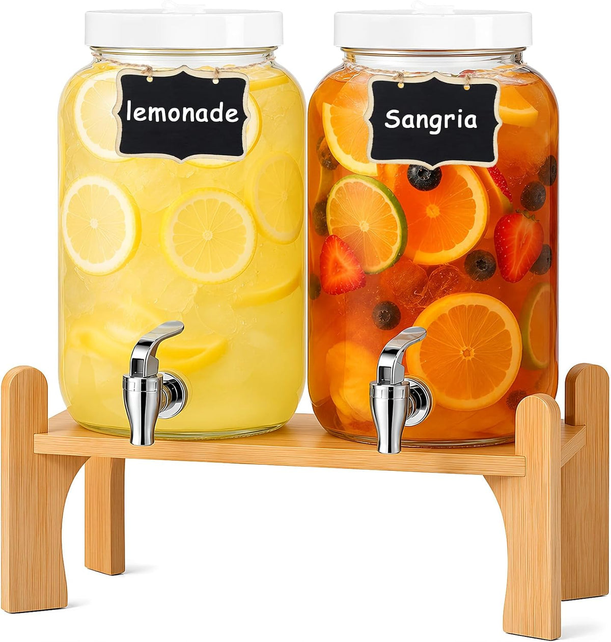 1 Gallon Large Glass Drink Dispensers with Stand for Parties, Glass Iced Beverage Dispensers with Spigot, Reusable Water Dispenser Countertop (2 Pack)