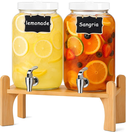 1 Gallon Large Glass Drink Dispensers with Stand for Parties, Glass Iced Beverage Dispensers with Spigot, Reusable Water Dispenser Countertop (2 Pack)