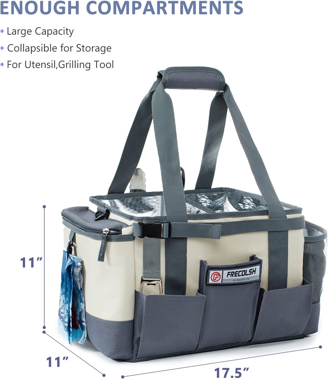 FREECOLSH Black Waterproof Caddy, 16" x 11" x 11", with Detachable Strap and Shoulder Pad for Carrying Utensils and Camping Supplies