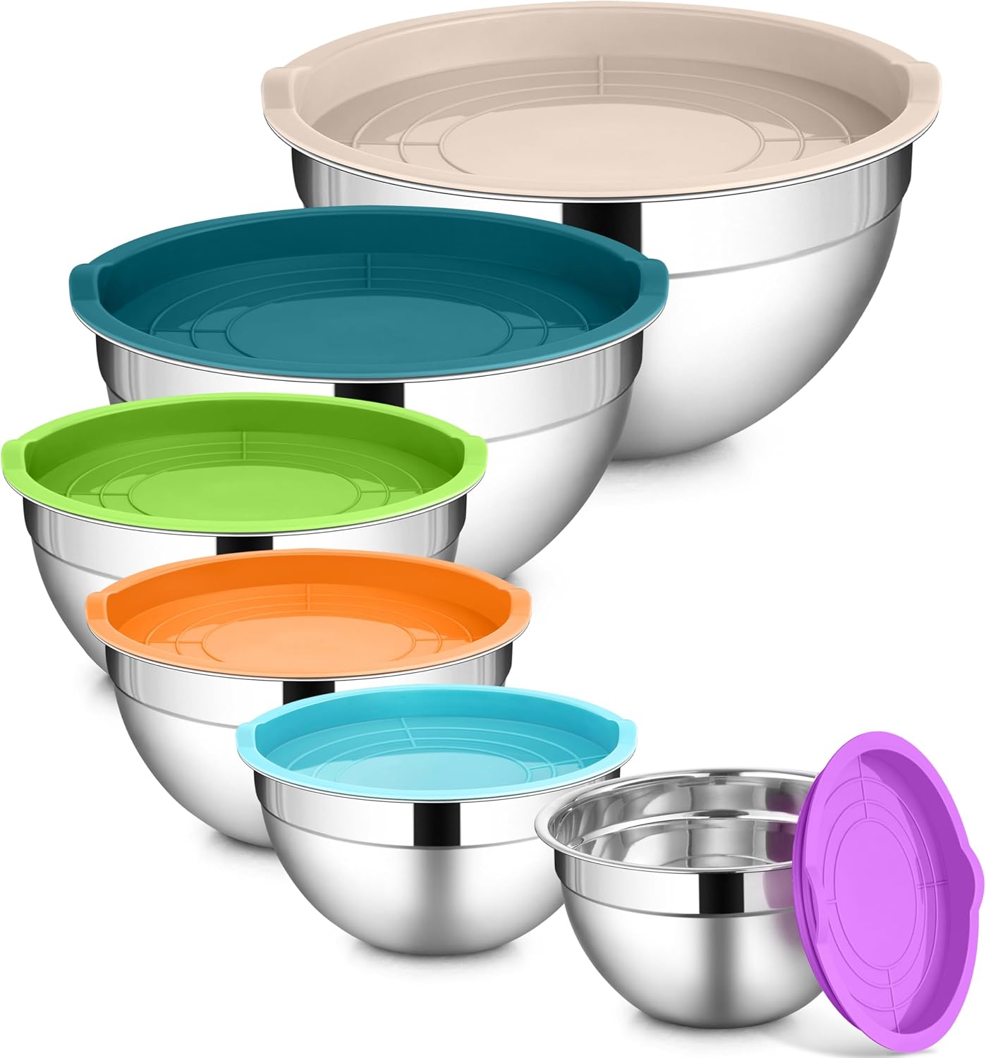 LIANYU Stainless Steel Mixing Bowls Sets of 6, Large 7, 3.5, 2.5, 2, 1.5, 1QT Size with Transparent Airtight Lids, Metal Nesting Serving Bowl Sets for Home Kitchen, Dishwasher & Freezer Safe, Black