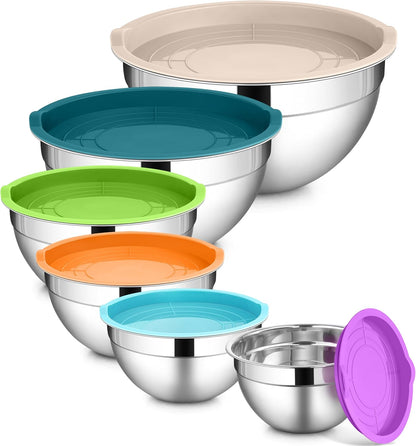 LIANYU Stainless Steel Mixing Bowls Sets of 6, Large 7, 3.5, 2.5, 2, 1.5, 1QT Size with Transparent Airtight Lids, Metal Nesting Serving Bowl Sets for Home Kitchen, Dishwasher & Freezer Safe, Black