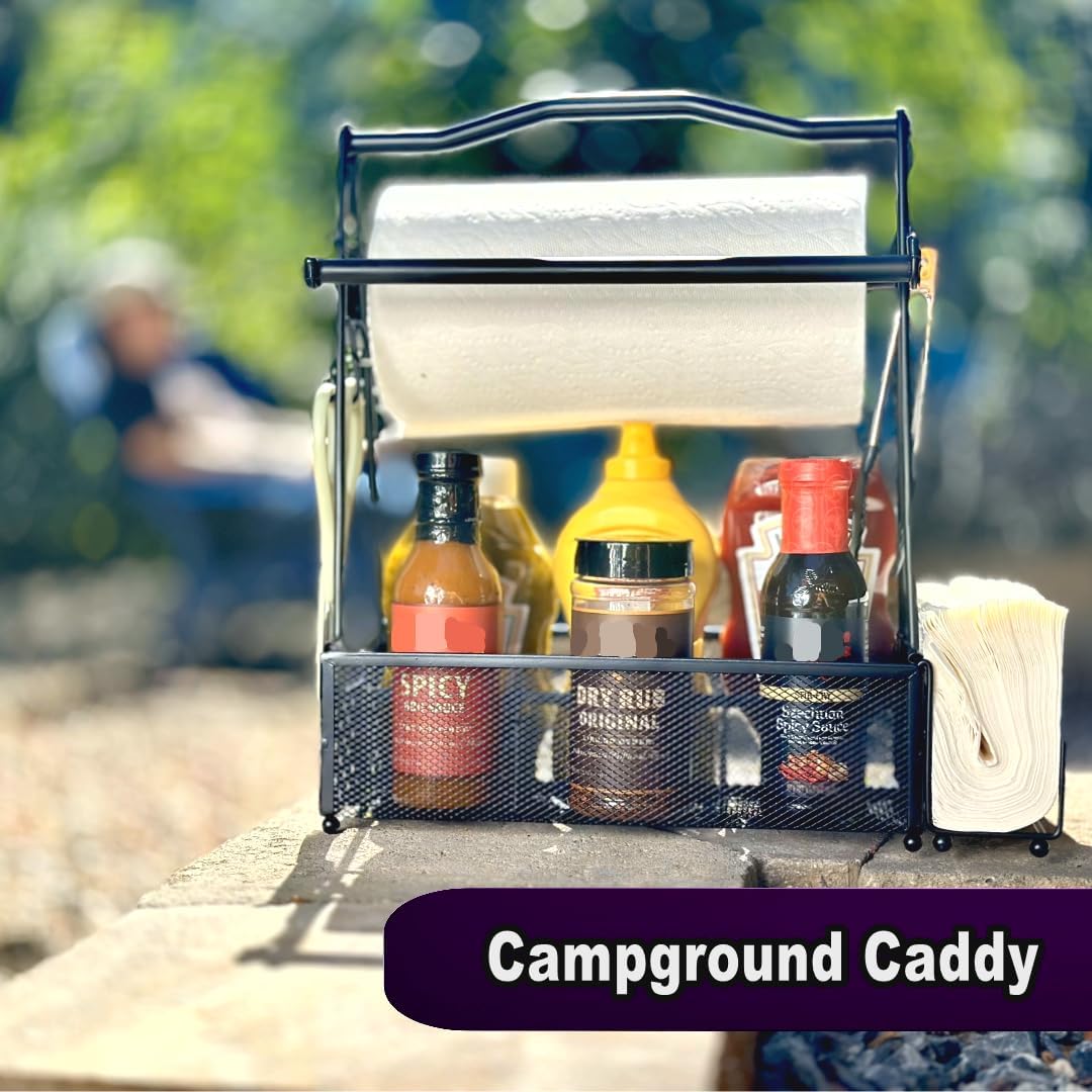 Grill Caddy for Outdoor Kitchen - Foldable Picnic Caddy for BBQ Accessories - Versatile Outdoor Kitchen Accessories Basket with Paper Roll Holder, Hooks & Compartments