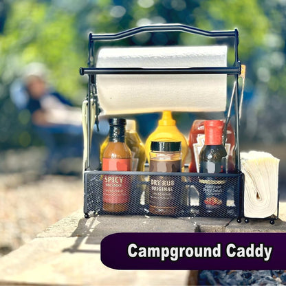Grill Caddy for Outdoor Kitchen - Foldable Picnic Caddy for BBQ Accessories - Versatile Outdoor Kitchen Accessories Basket with Paper Roll Holder, Hooks & Compartments