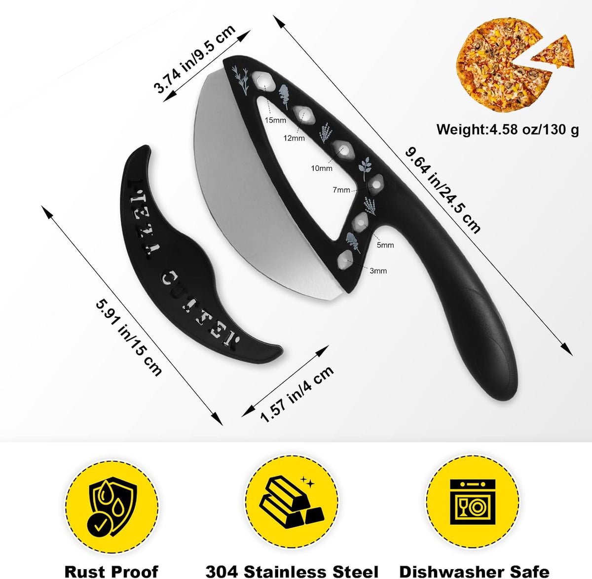 2-in-1 Pizza Cutter Rocker Blade with Herb Stripper Holes, Sharp Stainless Steel Pizza Knife with Protective Cover, Dishwasher Safe,Herb Stripping Tool for Basil,Rosemary