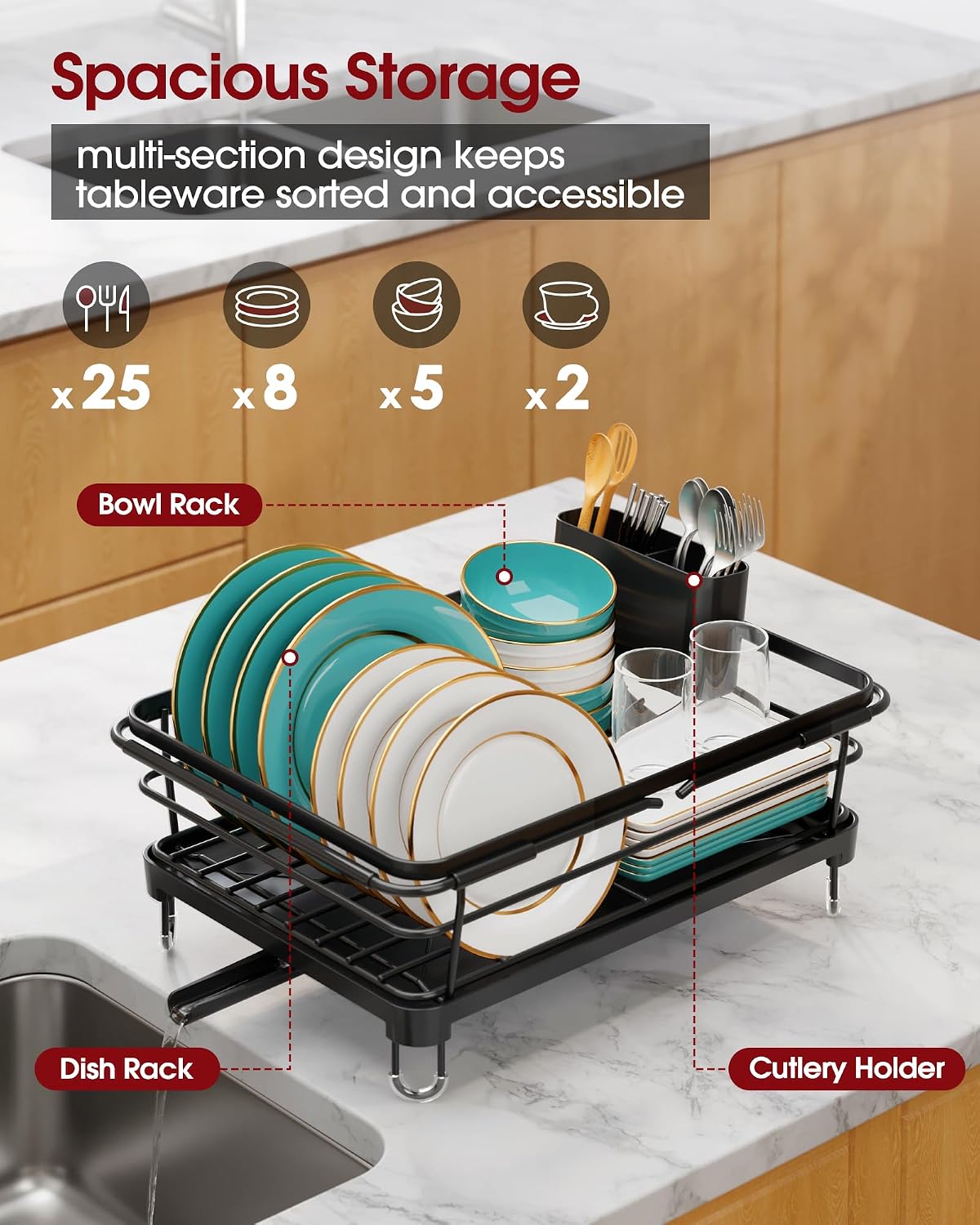 Sakugi Dish Drying Rack in Sink - Expandable Stainless Steel Dish Rack Over the Sink, Kitchen Sink Drain Strainer with Cutlery Holder & Cup Holders, 15.4 x 9.8 x 3.0 Inch, Black