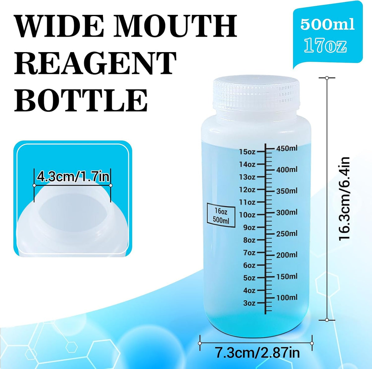 34oz/1000ml Wide Mouth Plastic Bottles with Airtight Lids, Graduated Food Grade Leak Proof PP Containers Jars for Water Sample Lab Reagent Liquid Medicine Storage (Transparent, 3 Pcs)